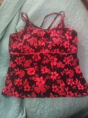 Lands' End Black Bikini Top with Bright Pink Floral Print